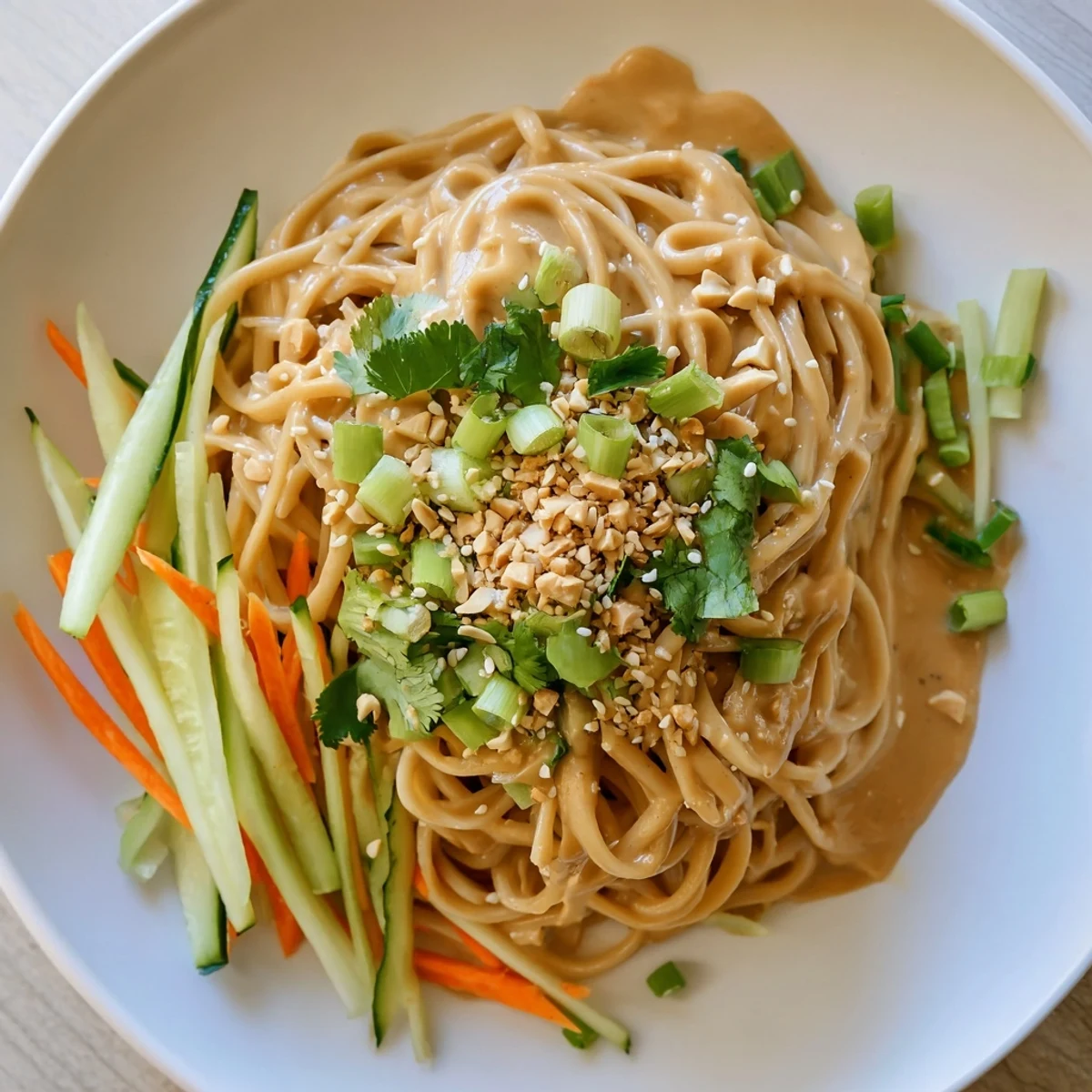 Cold sesame noodles glistening with sesame sauce, vibrant vegetables, and sesame seeds.