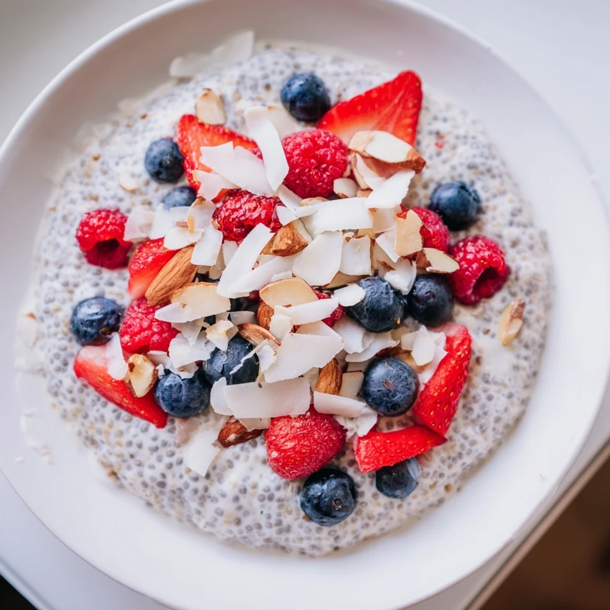 A refreshing bowl of Berry Chia Pudding with a luscious mixed berry compote and beautiful toppings.