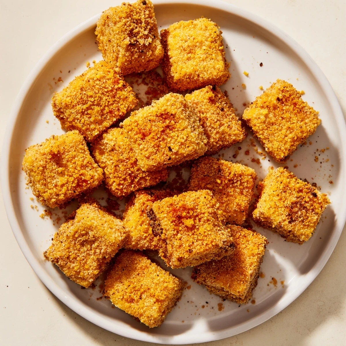 Golden-brown, crispy tofu nuggets are ready to eat, perfect for dipping into your favorite sauce.