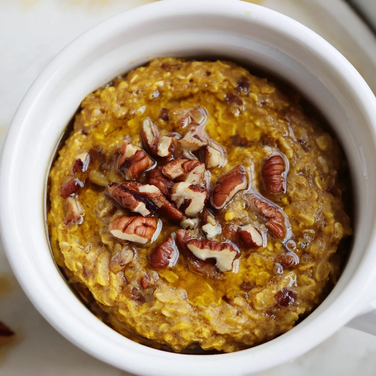 Golden, baked pumpkin spice baked oats, warm and steaming, perfect with maple syrup for a fall breakfast.