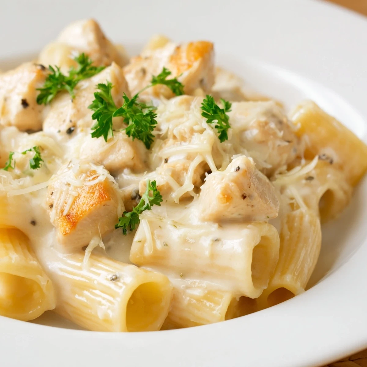 This baked Chicken Alfredo features tender chicken pieces nestled in a creamy, cheesy pasta delight.