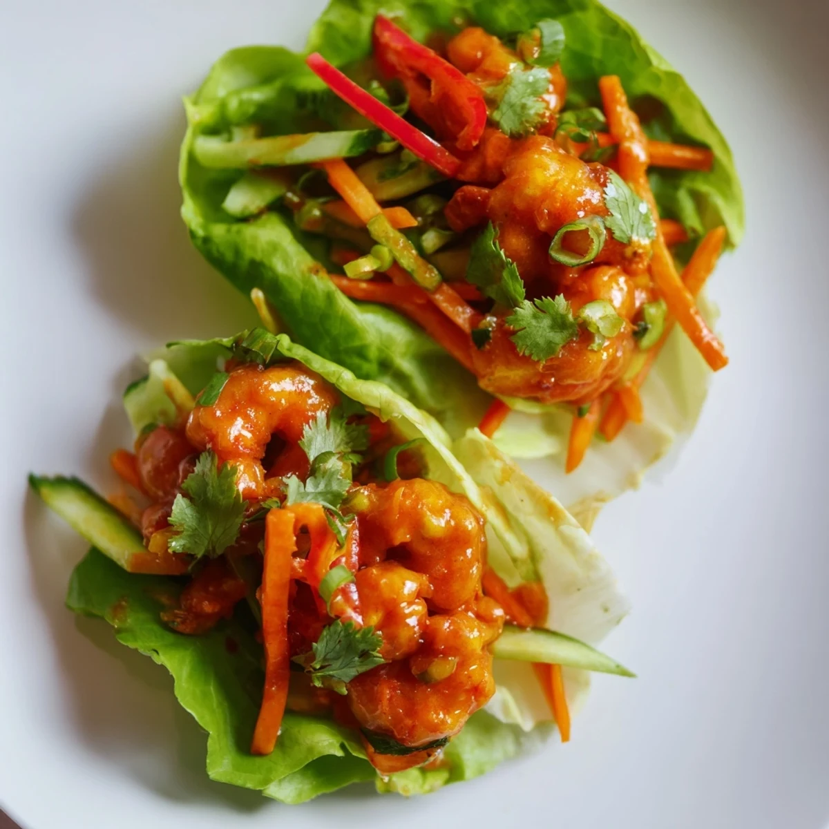 Beautifully arranged shrimp lettuce cups, a healthy and easy appetizer with cool lettuce wraps.