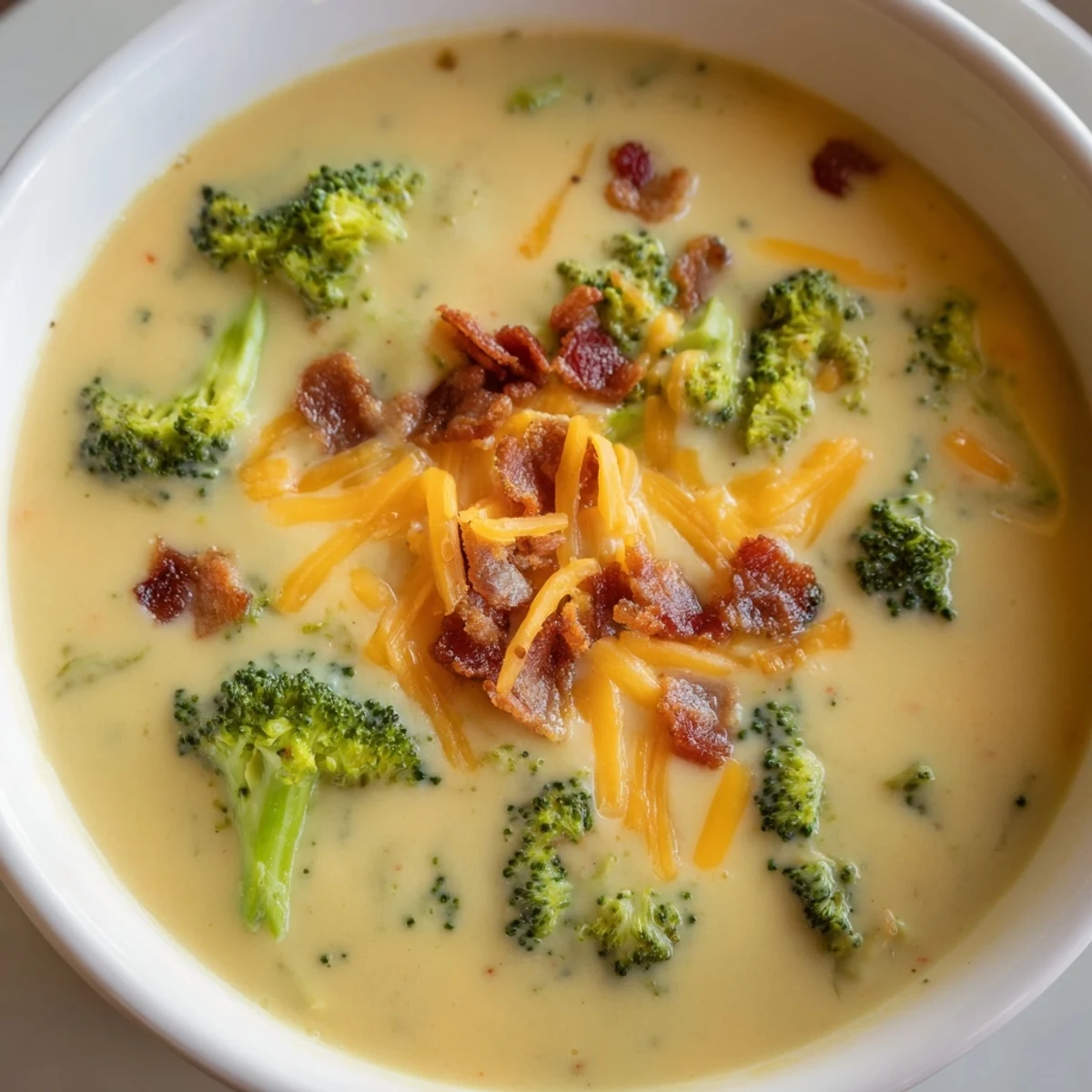 Creamy, vibrant broccoli cheddar soup with crumbled bacon and a golden, toasted bread slice.