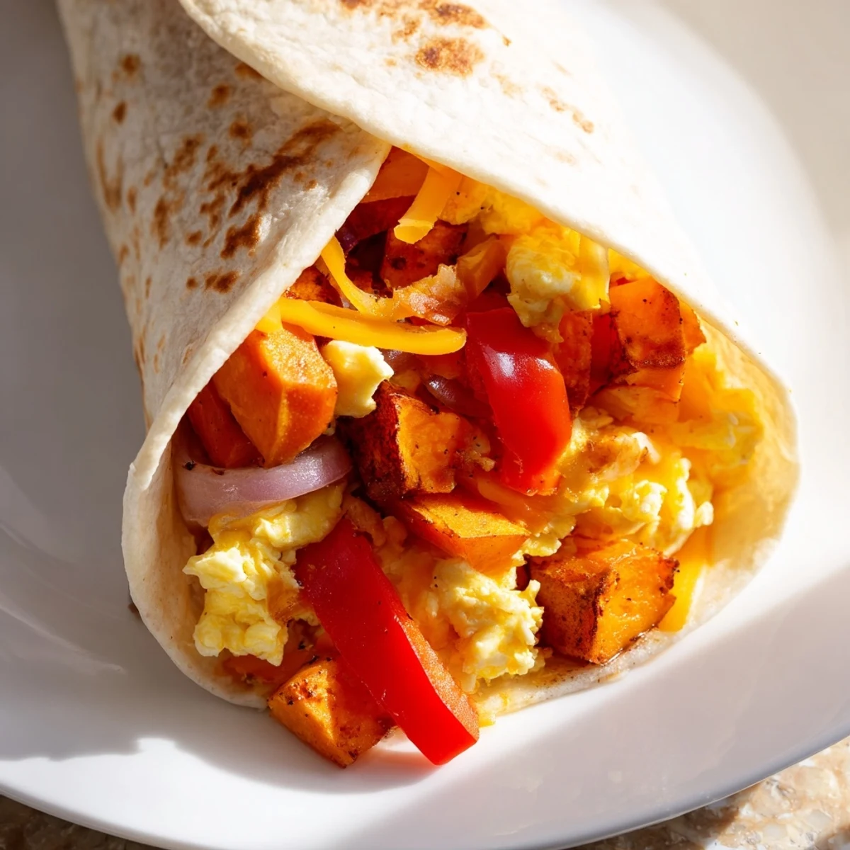Warm sweet potato breakfast burritos overflowing with roasted vegetables, eggs, and melted cheese, ready to eat.