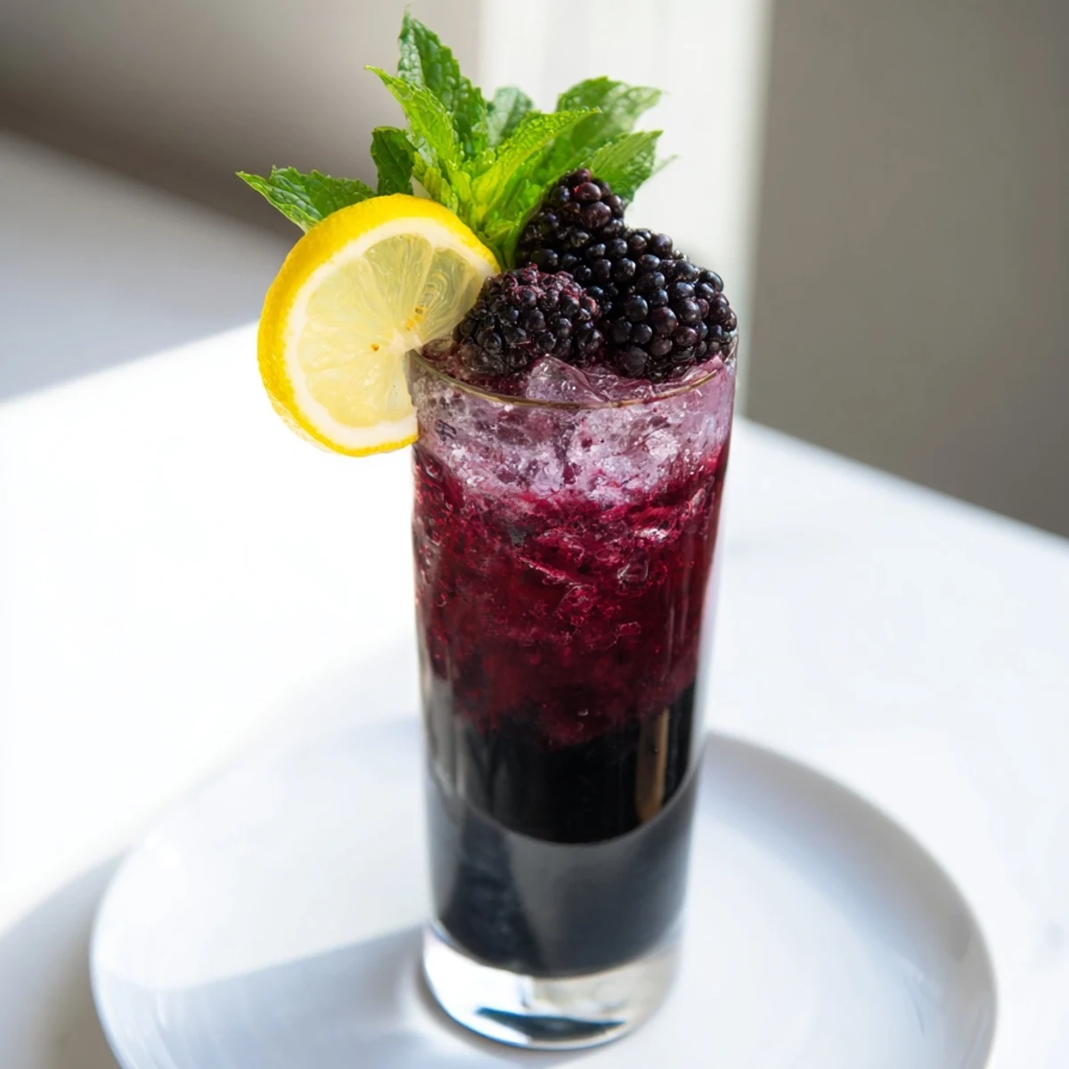This Dark Matter Mocktail features a beautifully layered effect with activated charcoal and fresh blackberry syrup, perfect for special events.