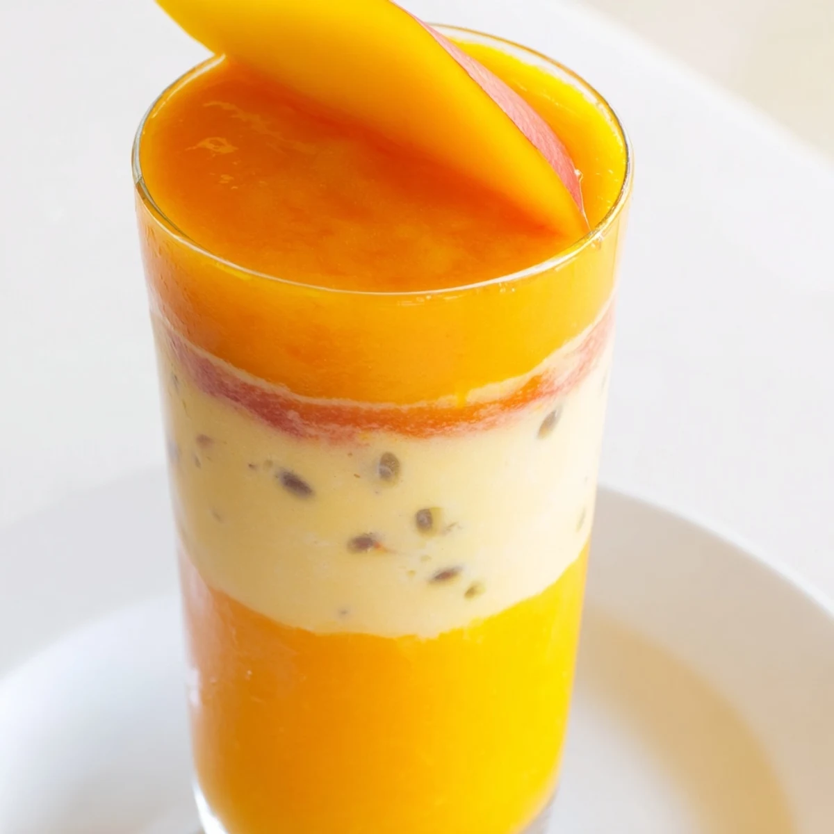 Vibrant layers of mango, passionfruit, and orange juice create this beautiful Tropical Sunset Smoothie.