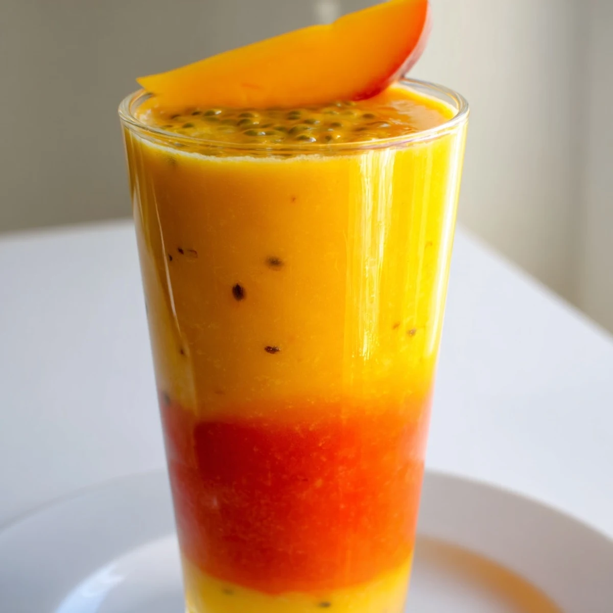 Refreshing Tropical Sunset Smoothie boasts a creamy ombré effect, perfect for a sunny morning treat.