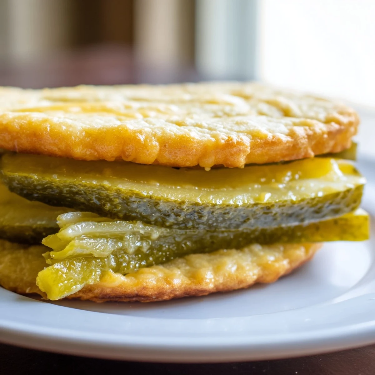 Golden, bubbly Pickle Bread Sandwich featuring melted cheese and tangy pickles ready to eat.