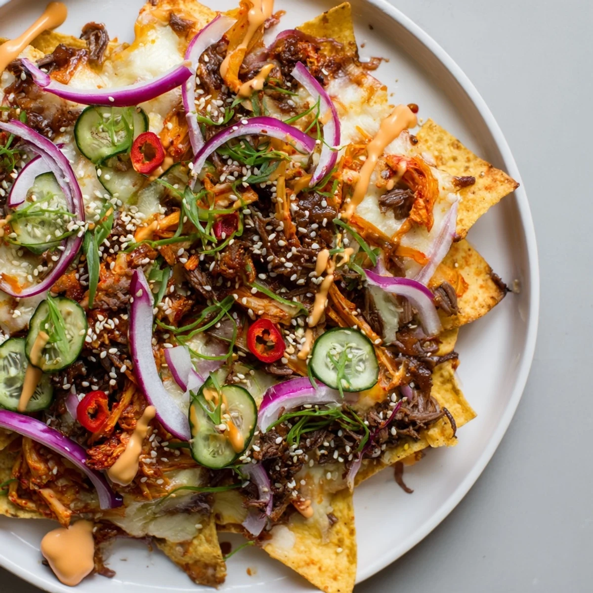 A delightful platter of Korean BBQ nachos features fresh toppings and bubbly, melted cheese.
