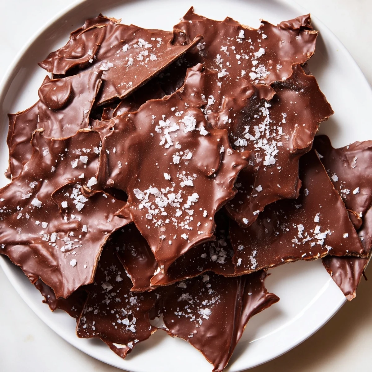 Flaky sea salt sparkles atop pieces of delightful Chocolate Potato Chip Bark, a tempting dessert.