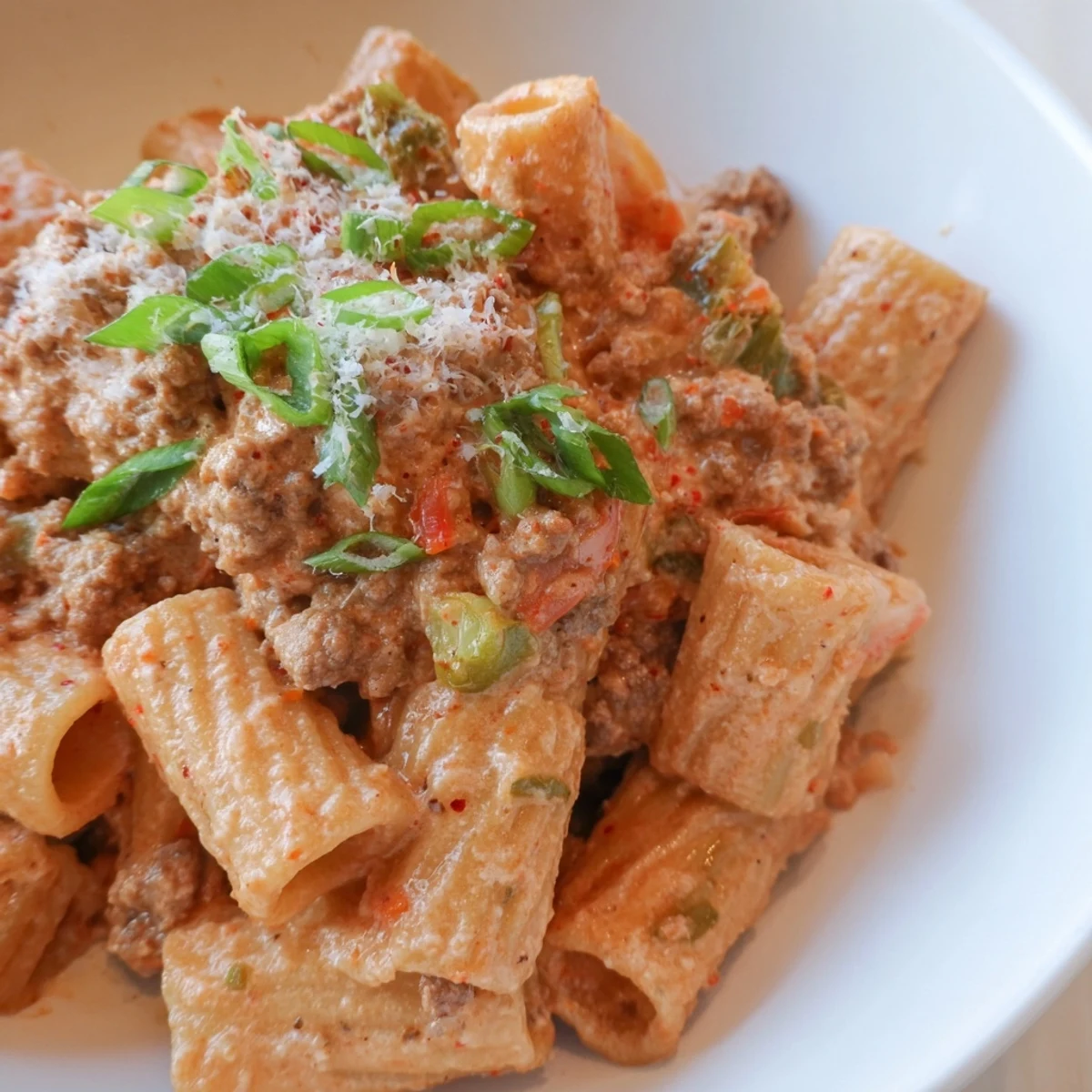 Fork twirling al dente rigatoni in luscious Chaos Cooking Kimchi Ragu Pasta, full of savory flavors.
