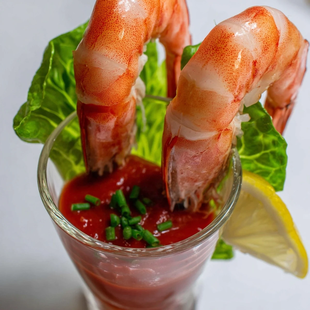 Retro Prawn Cocktail Shooters: Succulent shrimp nestled in zesty cocktail sauce, perfect for a party appetizer.