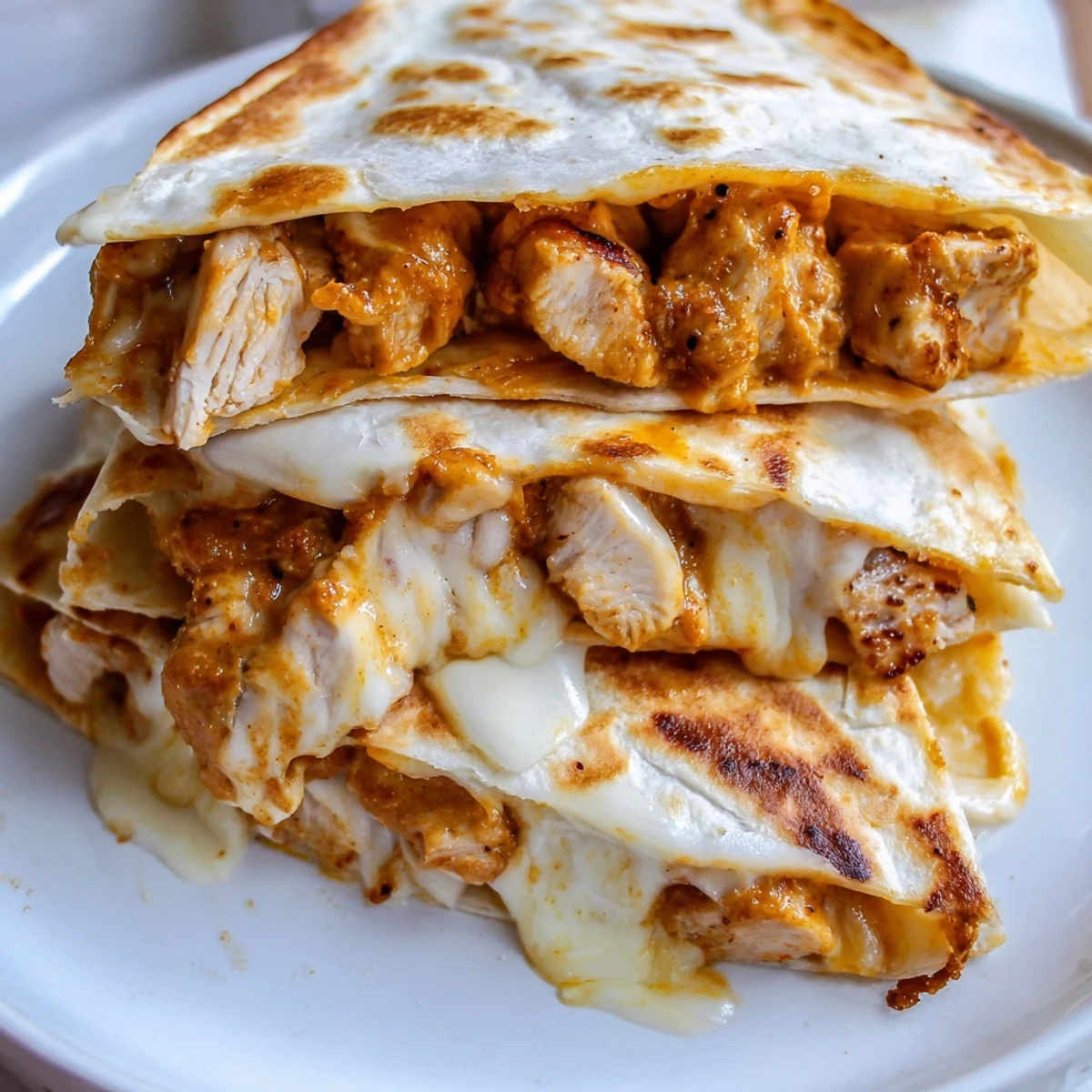 Golden, crispy Butter Chicken Quesadillas filled with melty cheese and flavorful, spiced chicken.