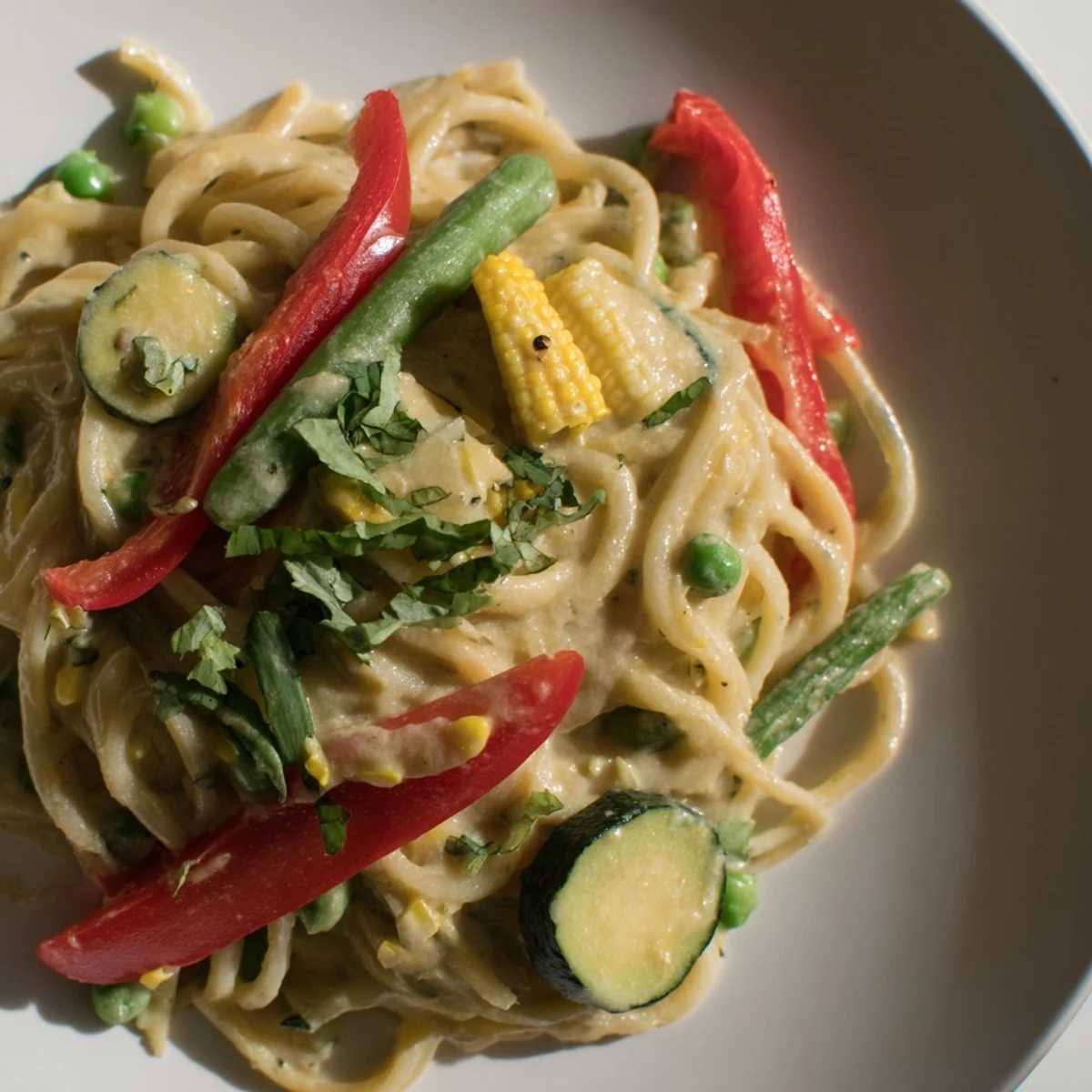 This vibrant photo showcases the rich, aromatic Thai Curry Pasta with fresh cilantro and lime garnishes.