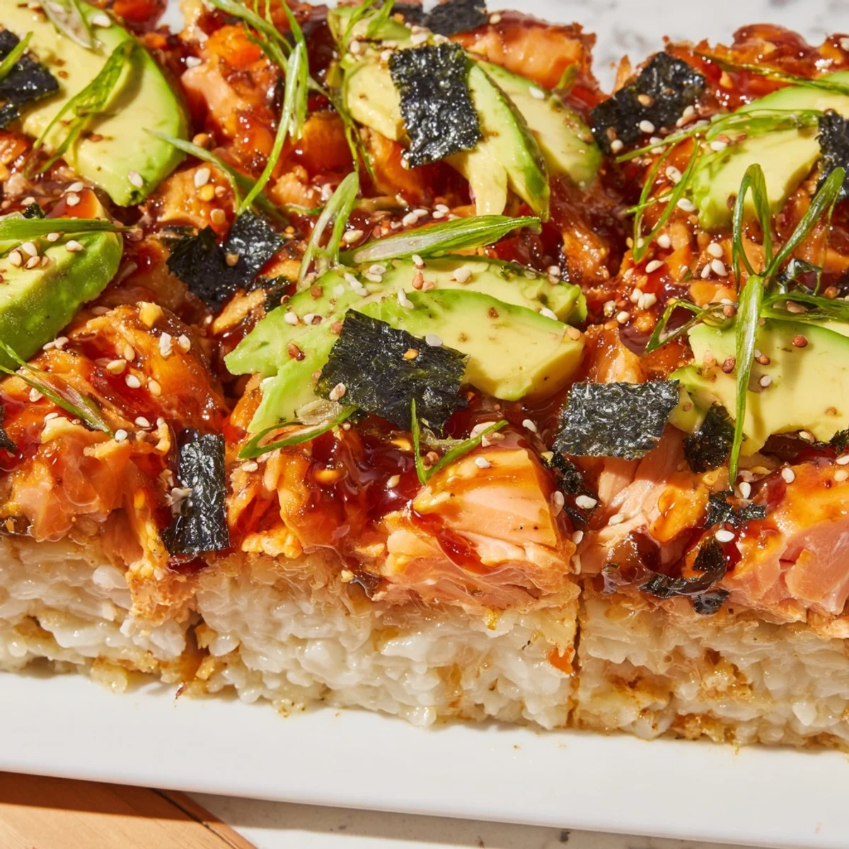 Golden-brown Sushi Bake Casserole ready, featuring creamy avocado slices and toasted sesame seeds ready to be served.