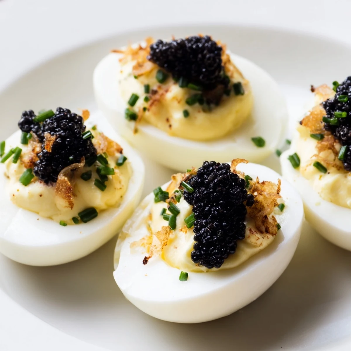 Elegant deviled eggs topped with glistening caviar and crunchy shallots, a gourmet appetizer.