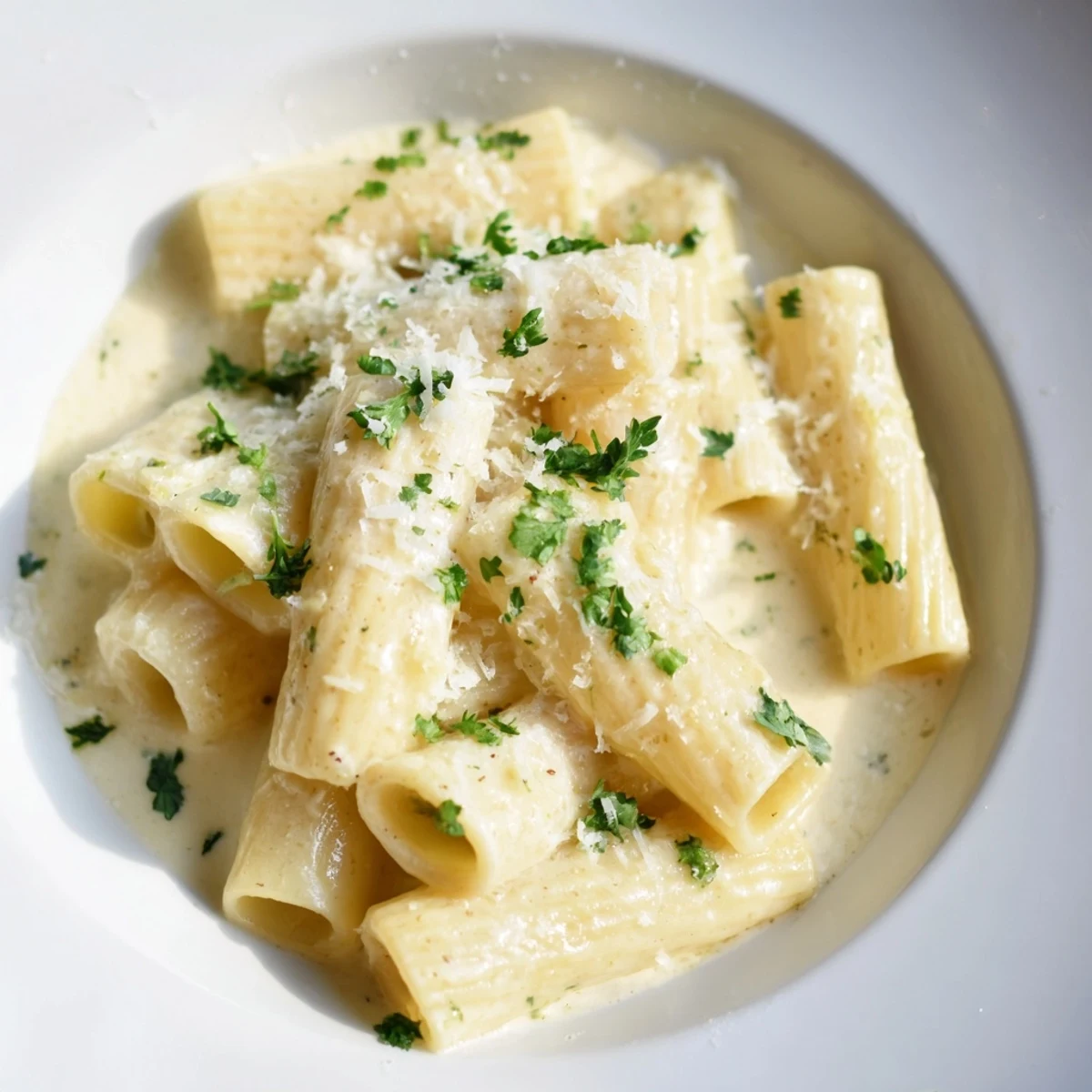 Delicious creamy milk pasta garnished with fresh parsley, ready to enjoy for dinner tonight.