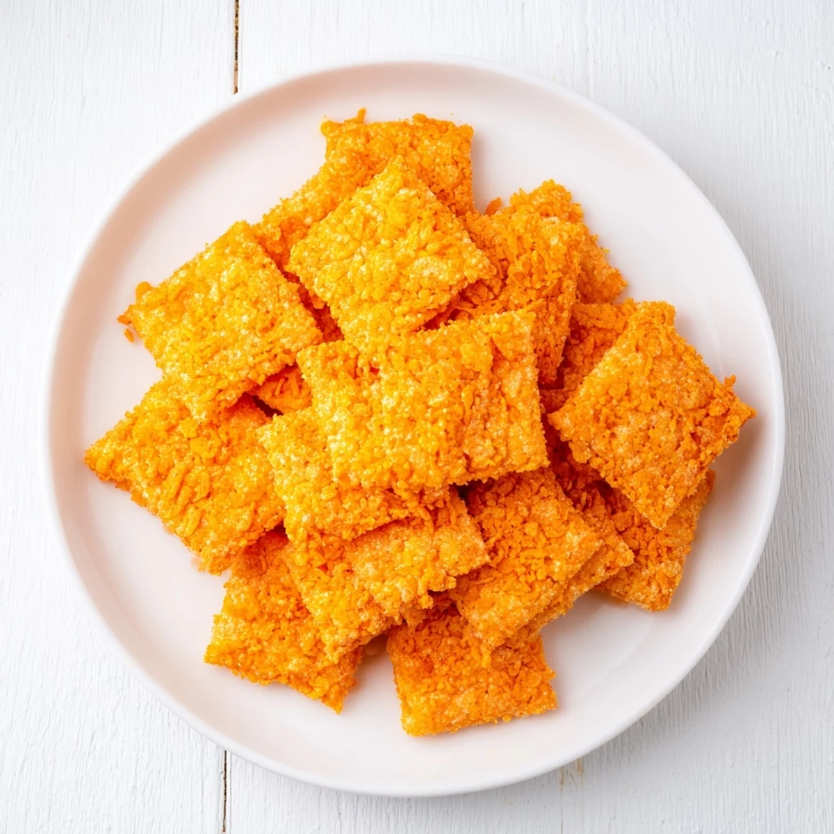 Close-up of baked Crispy Cheeto Cheese Crackers, showcasing the texture, with hints of red paprika, ready to eat.