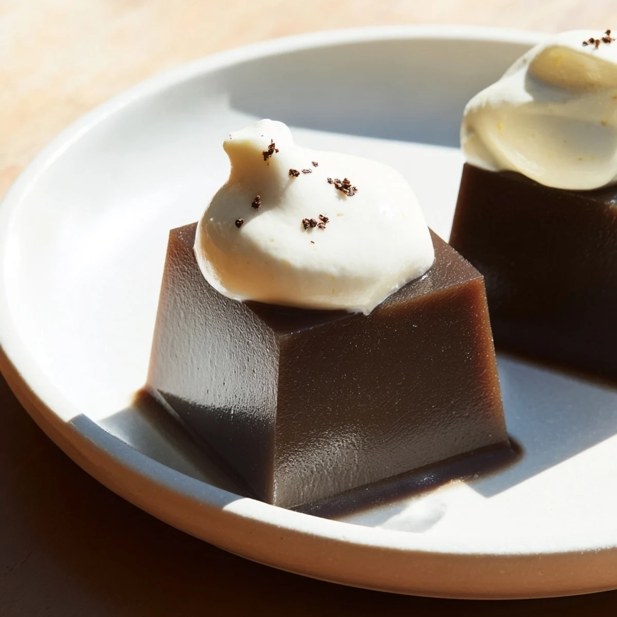 Cool, jiggly coffee jelly dessert, ready to be enjoyed with a dollop of sweetened cream.