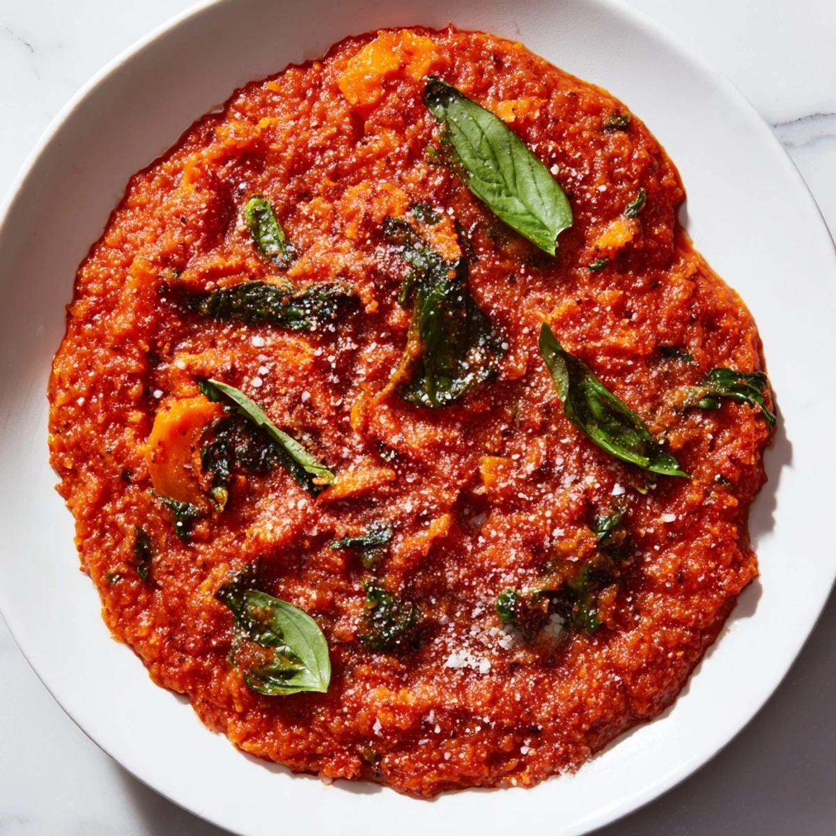 Homemade Hidden Veggie Tomato Pasta Sauce, thick and smooth, with a hint of fresh basil on top and ready to serve.