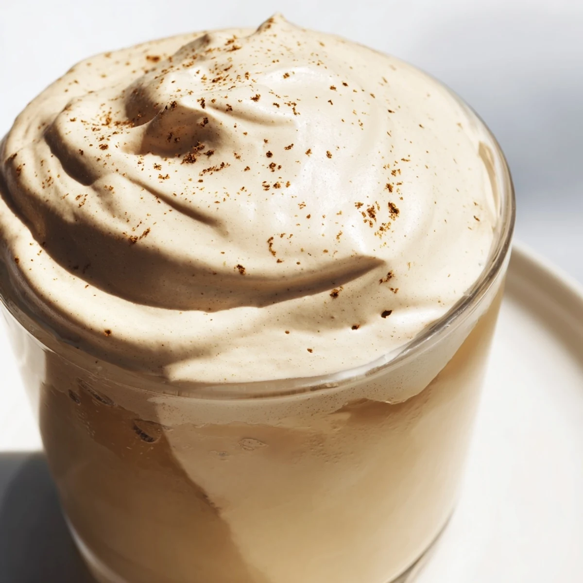 This image shows a beautifully layered whipped Dalgona coffee, ready to be sipped and savored, like a café treat.