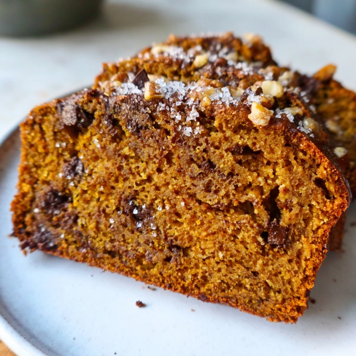 Freshly baked pumpkin bread loaf, golden brown with warm spice aromas filling the kitchen.