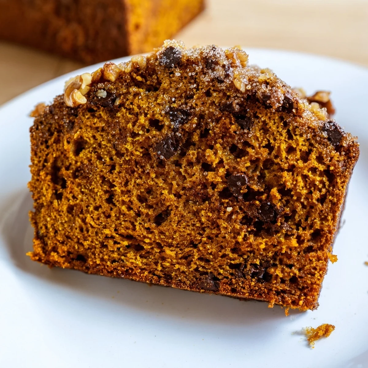 A slice of moist pumpkin bread loaf, perfect for a cozy fall breakfast, served warm.