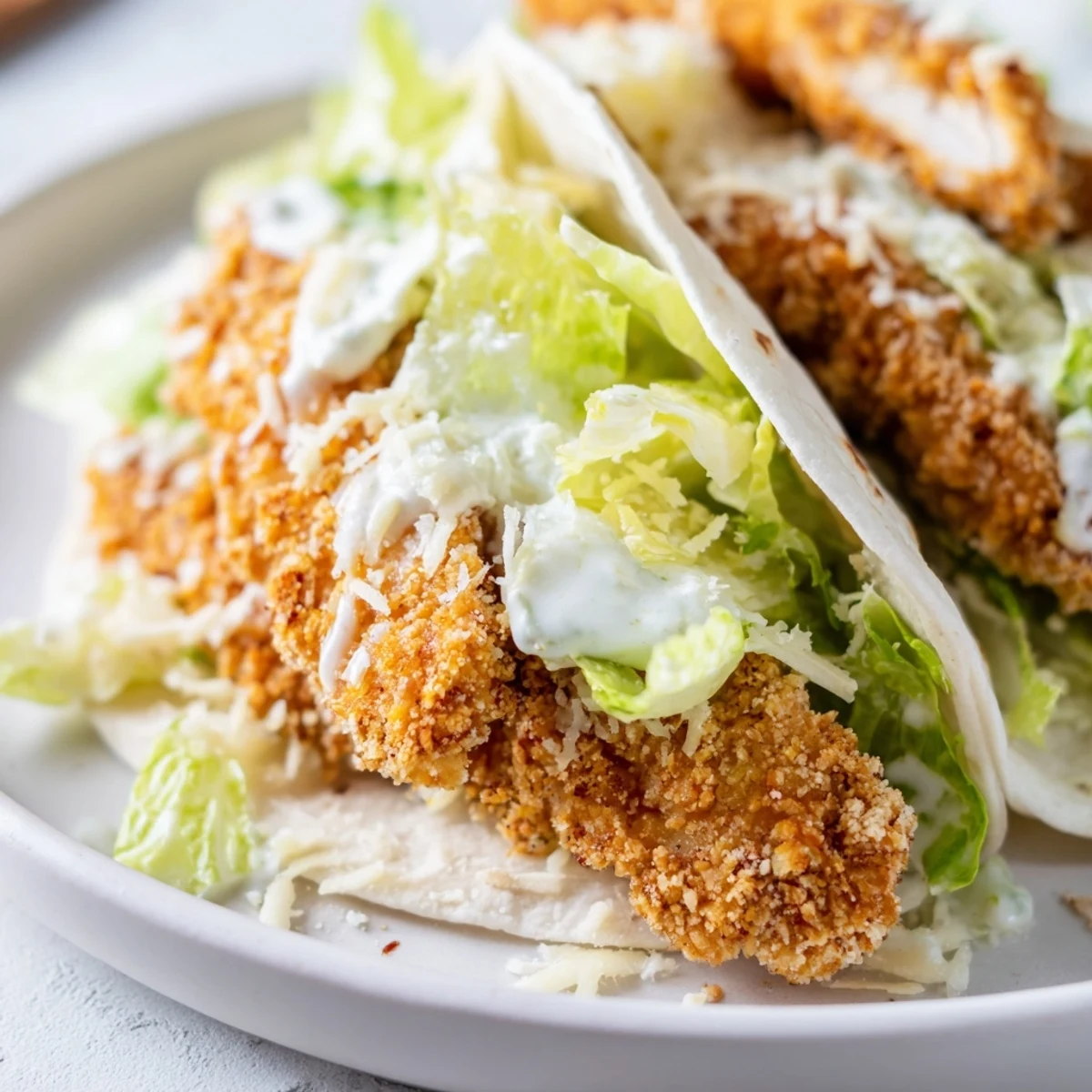 Sliced Crispy Chicken Caesar Wrap on a plate, drizzled with creamy dressing and served with lemon wedges.