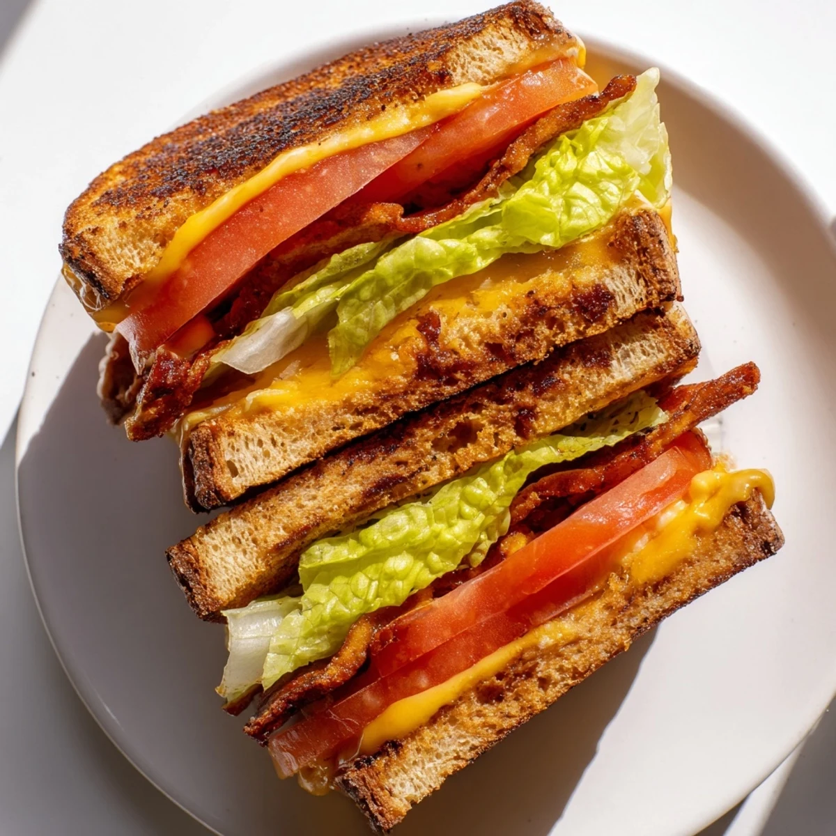 Golden-brown Vegan Bacon BLT Grilled Cheese oozing melty vegan cheese, stacked with smoky tempeh bacon, crisp lettuce, and juicy tomato slices.
