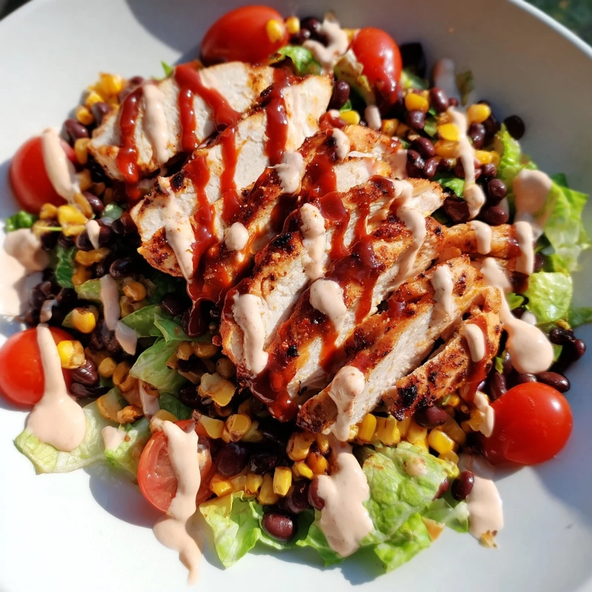 A hearty BBQ Chicken Salad with juicy grilled chicken, sweet corn, and black beans, perfect for a summer potluck.