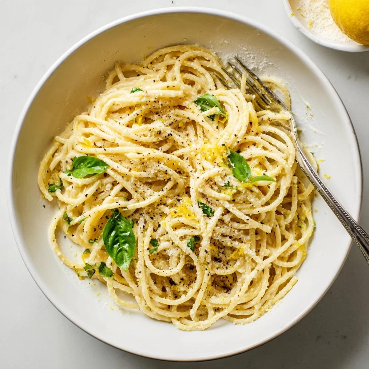 Golden strands of Lemon Ricotta Pasta are coated in creamy ricotta and lemon zest, garnished with fresh basil and extra Parmesan.