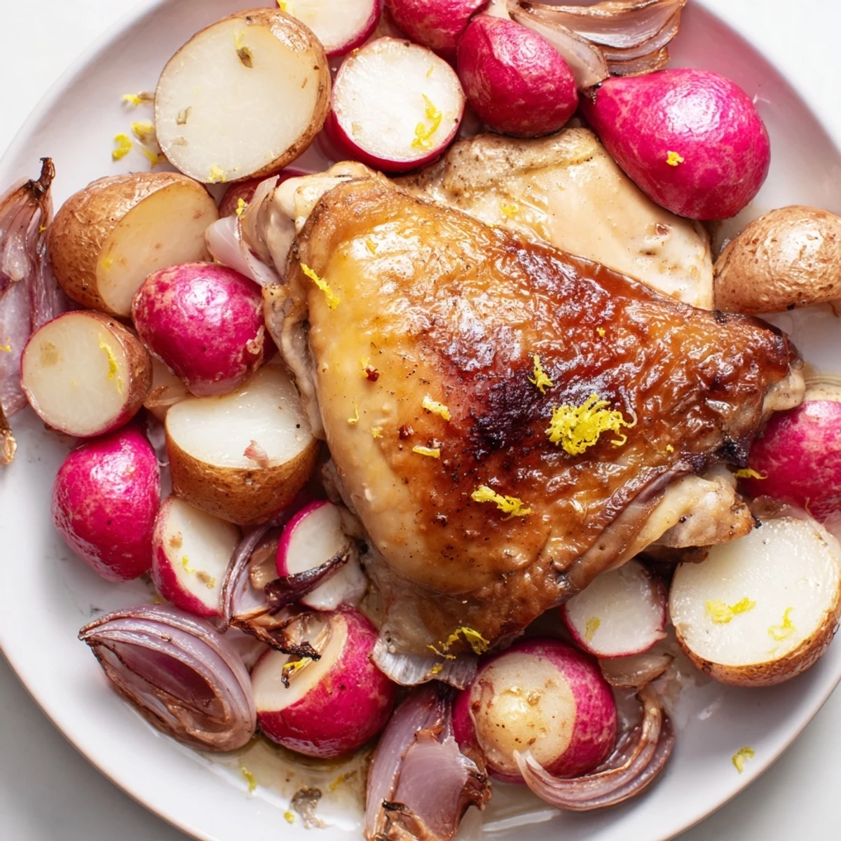 Golden roasted radish and chicken sheet pan with crispy skin, caramelized potatoes, and a bright lemon zest finish.  
