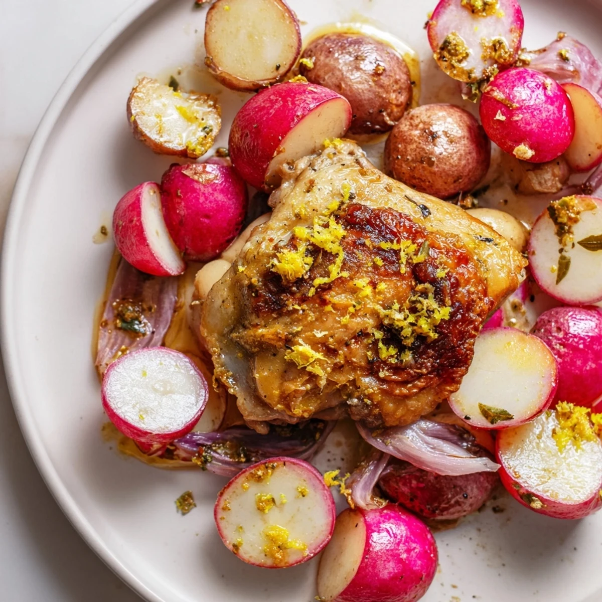 Juicy bone-in chicken thighs and sweet roasted radishes on a single sheet pan, garnished with fresh parsley.  