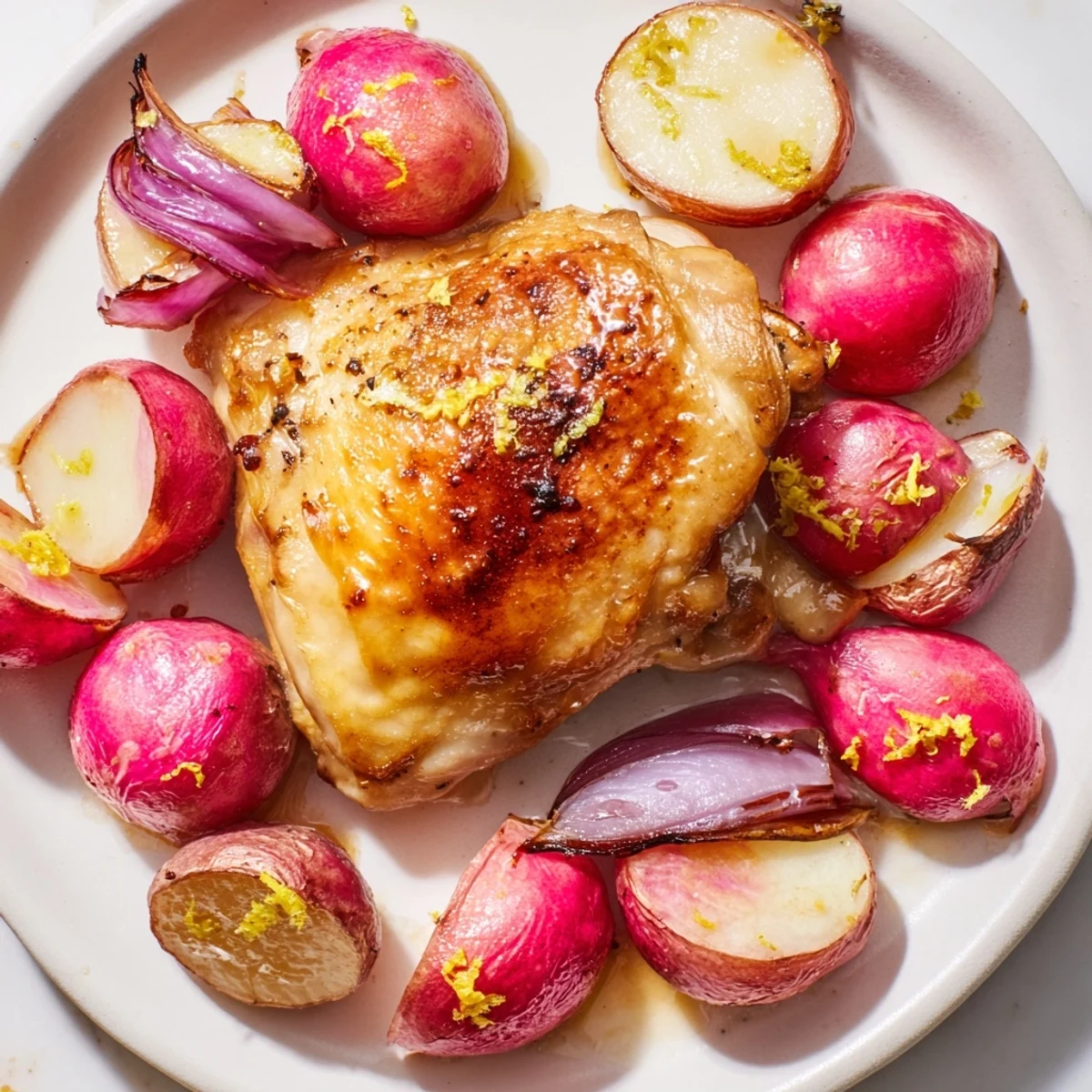 Easy gluten-free roasted radish and chicken sheet pan dinner, featuring tender vegetables and pan juices.