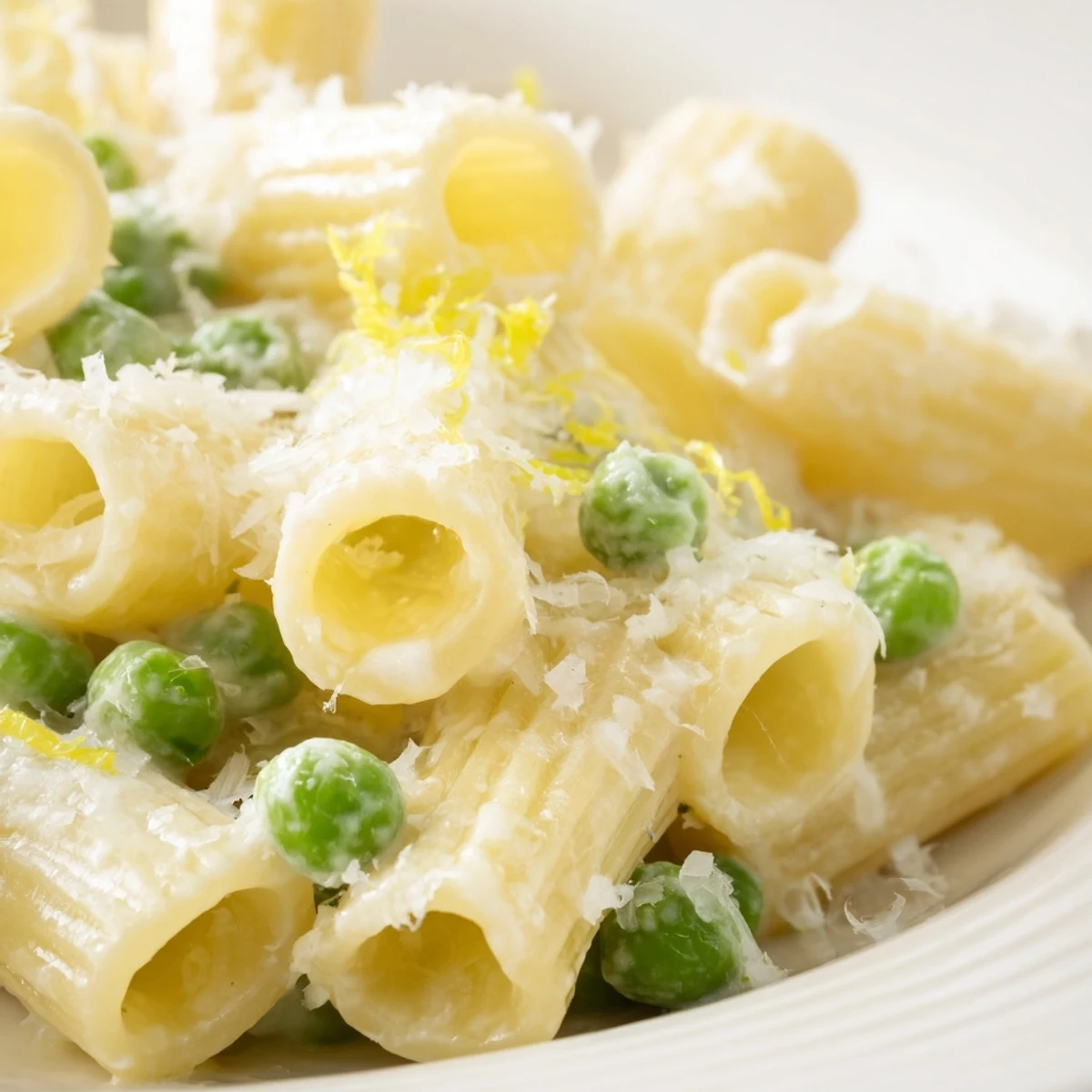 Vibrant green peas and zesty lemon ricotta sauce cling to hearty rigatoni noodles, ready to serve for a quick vegetarian dinner.