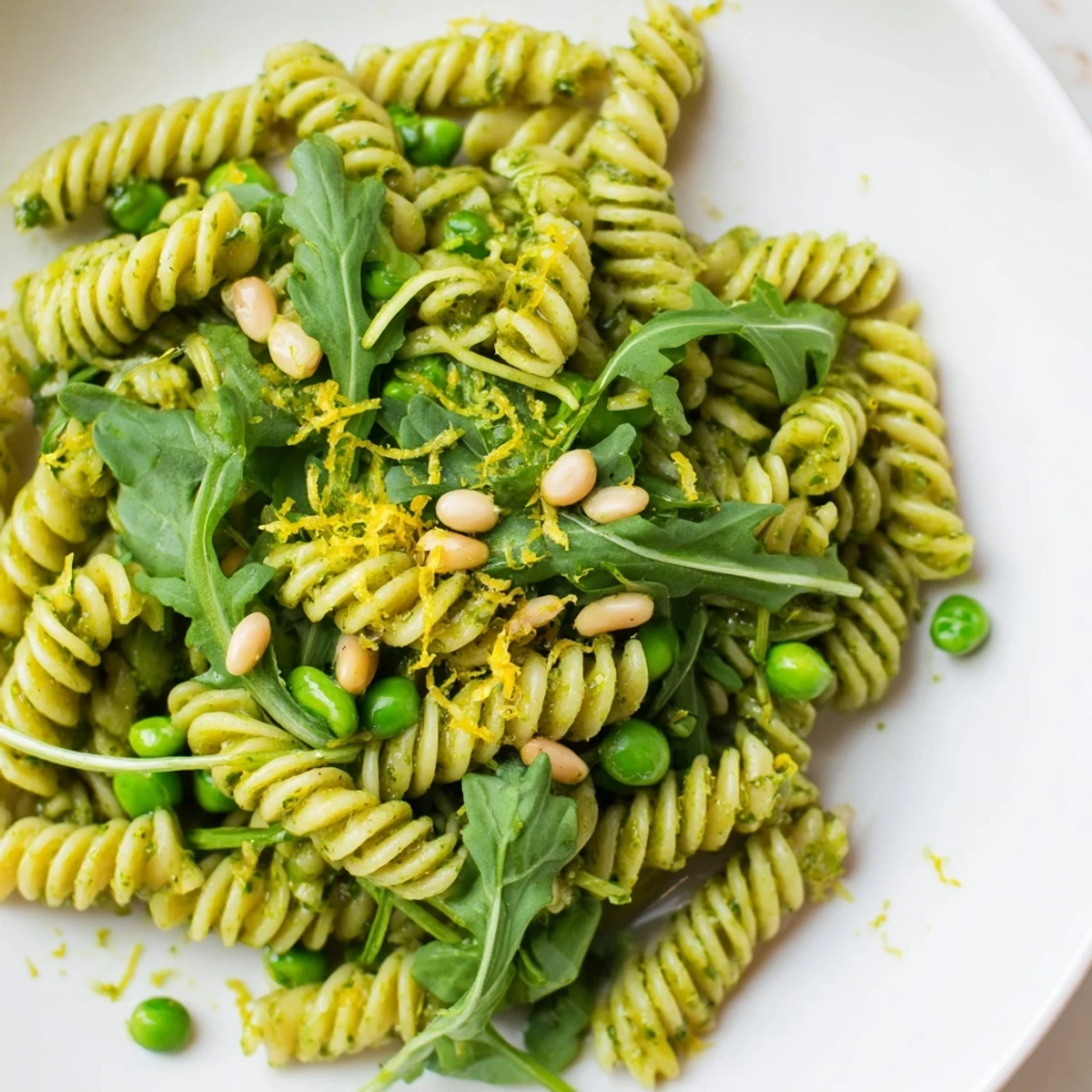 Spring Green Pesto Pasta Salad garnished with toasted pine nuts and lemon zest on a rustic wooden table.