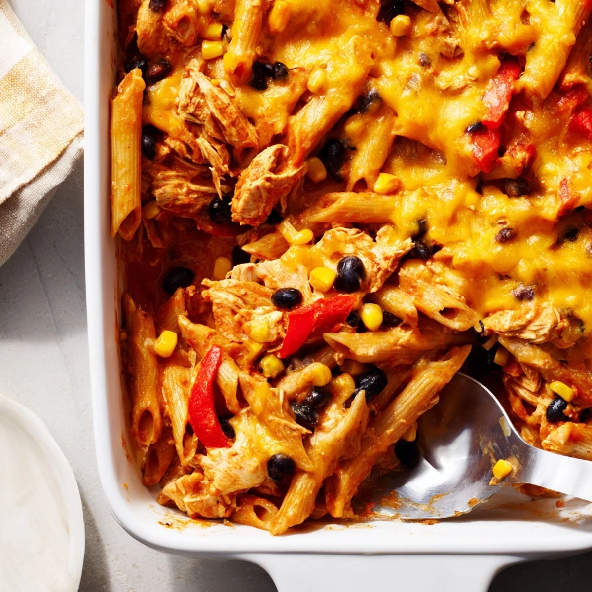 A hearty slice of the baked casserole is lifted from the dish, revealing layers of tender pasta, seasoned chicken, and colorful veggies coated in a creamy, spicy tomato salsa.