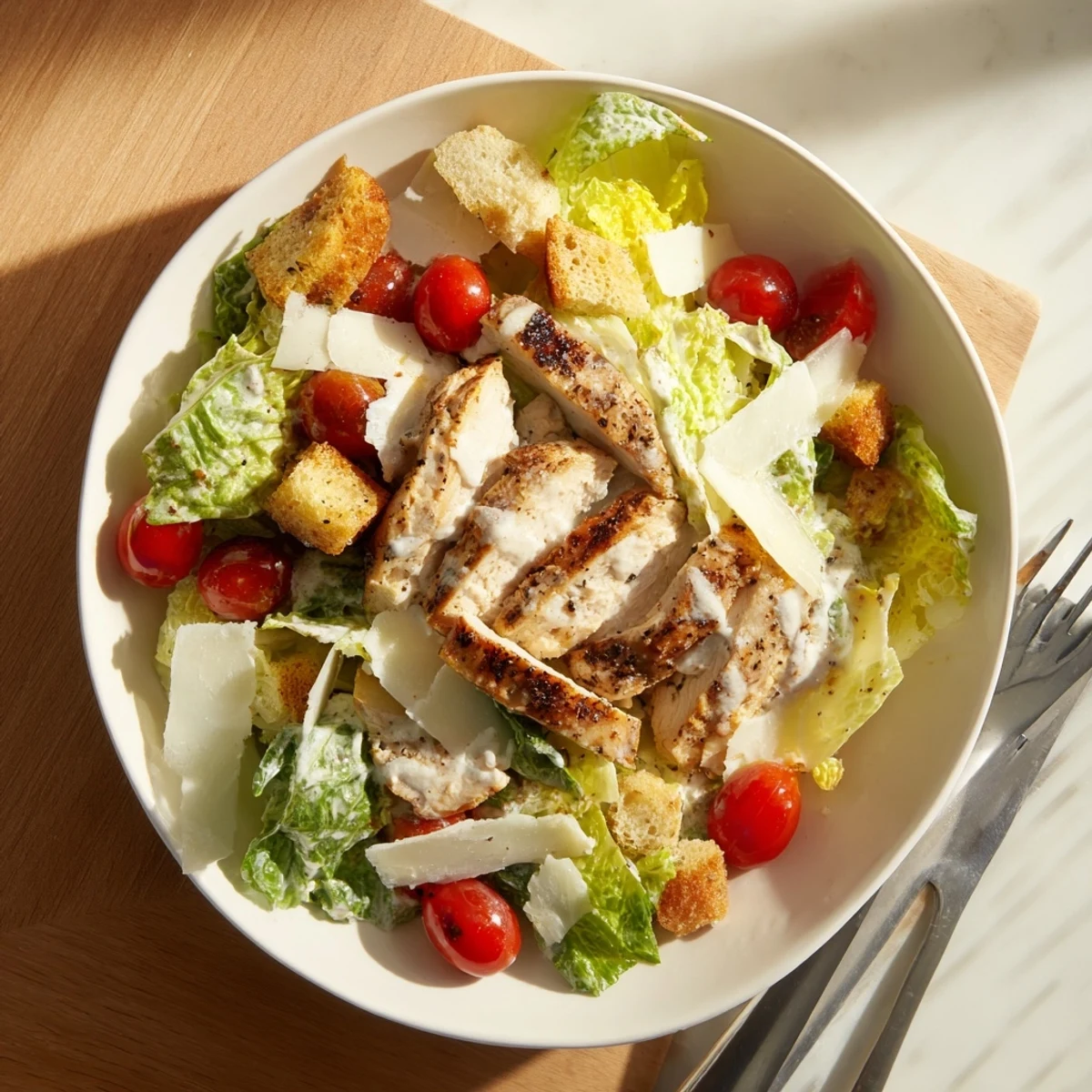 Tender grilled chicken strips lie atop crisp romaine lettuce, drizzled with creamy Greek yogurt Caesar dressing.  