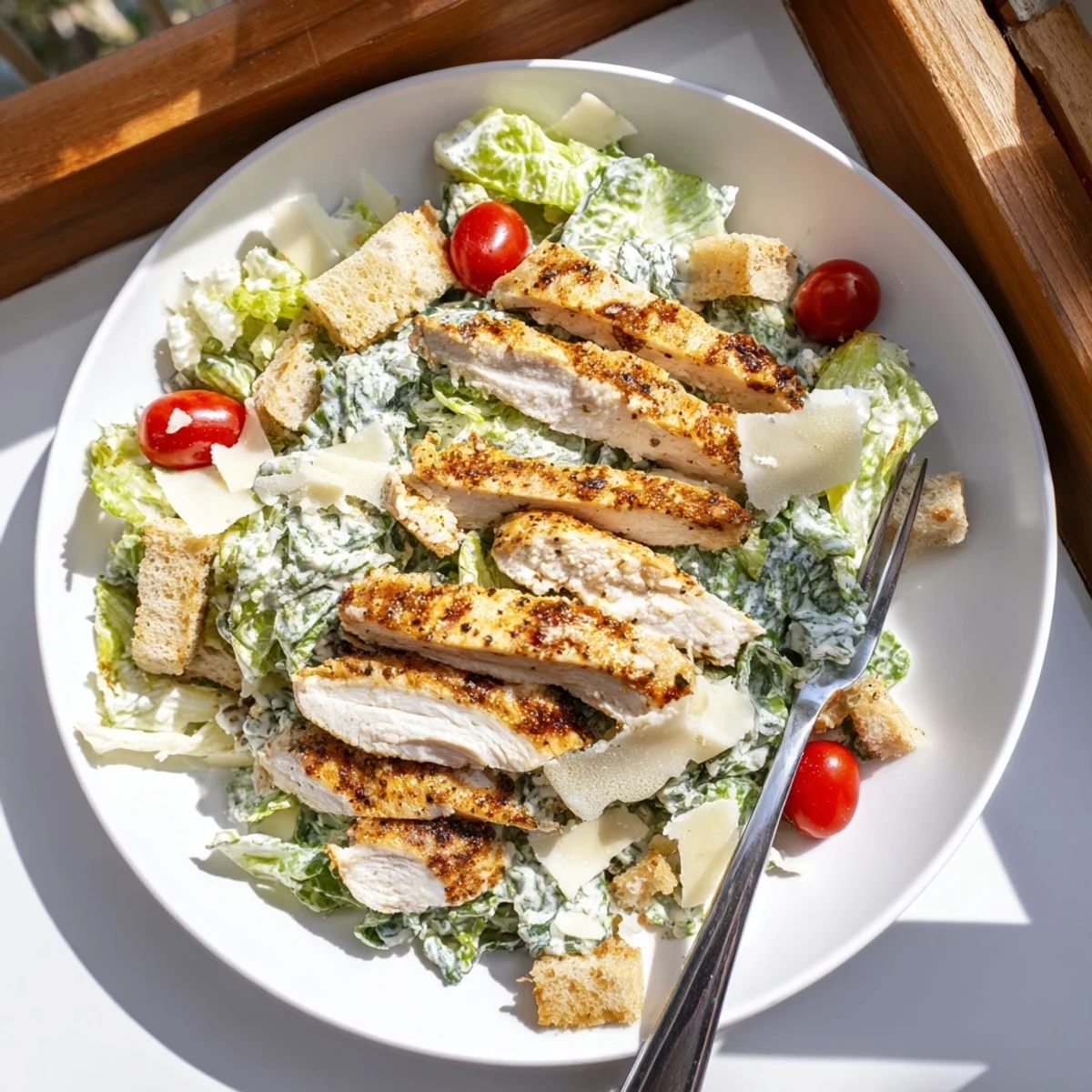 Fresh cherry tomatoes and homemade croutons add texture to this vibrant Yogurt Caesar Grilled Chicken Salad.  