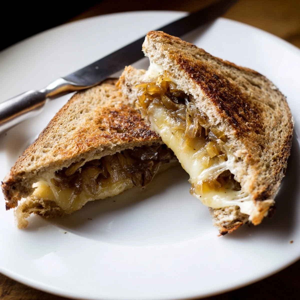 A close-up of a golden, crispy Caramelized Onion & Gruyère Grilled Cheese sandwich, oozing melted cheese and sweet onions.