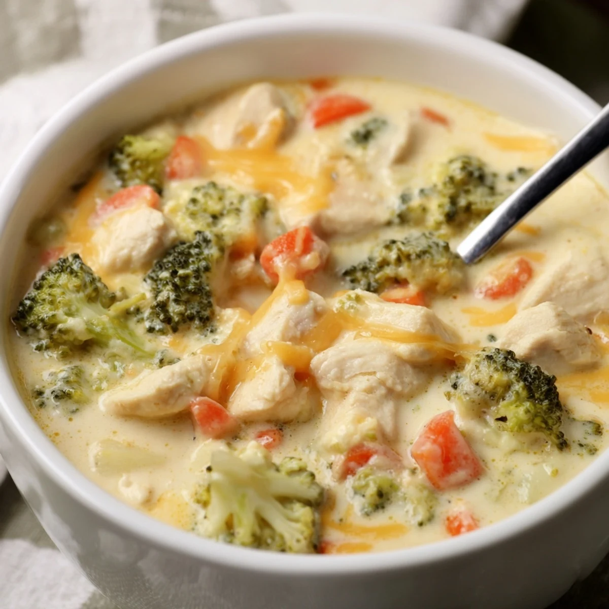 Creamy homemade Chicken Broccoli Cheddar Soup in a rustic bowl with shredded cheese and tender vegetables.