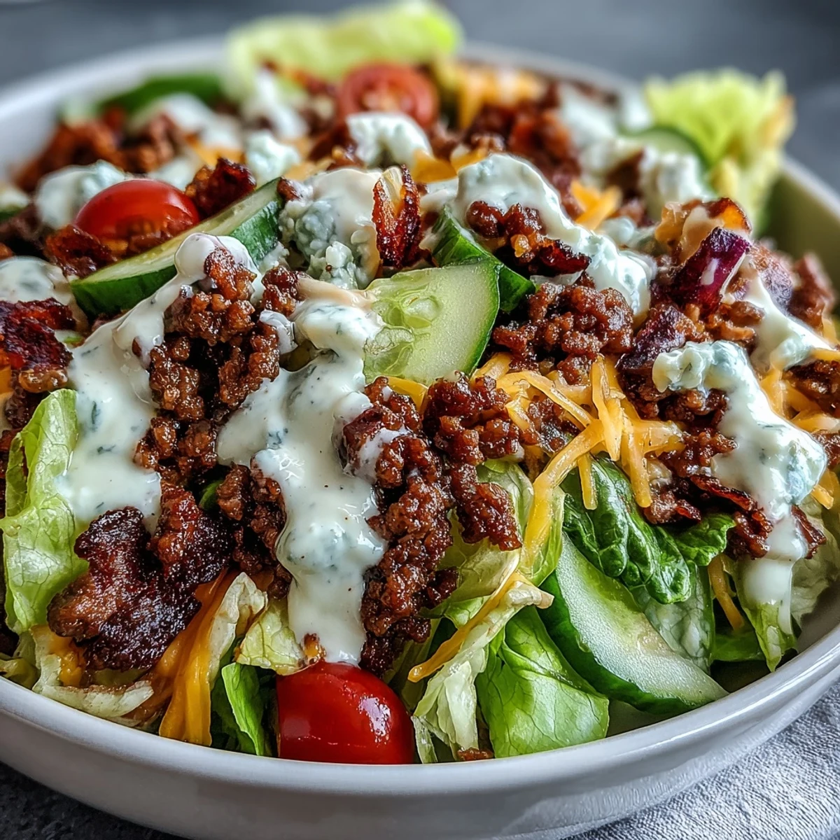 Deconstructed Easy Big Mac in a Bowl with special sauce drizzled over beef and toppings.