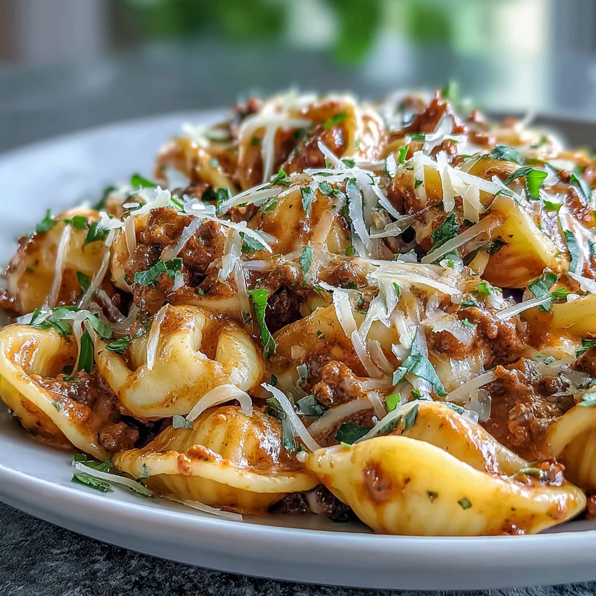 Hearty One Pot Creamy Beef and Shells with melted cheese, ready to serve.