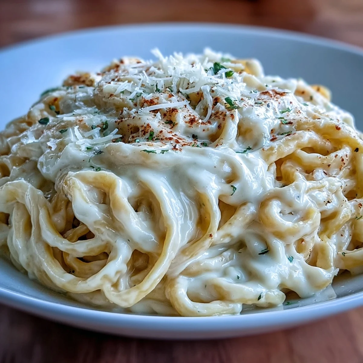 Creamy cauliflower alfredo invitingly coats fettuccine, topped with fresh parsley.