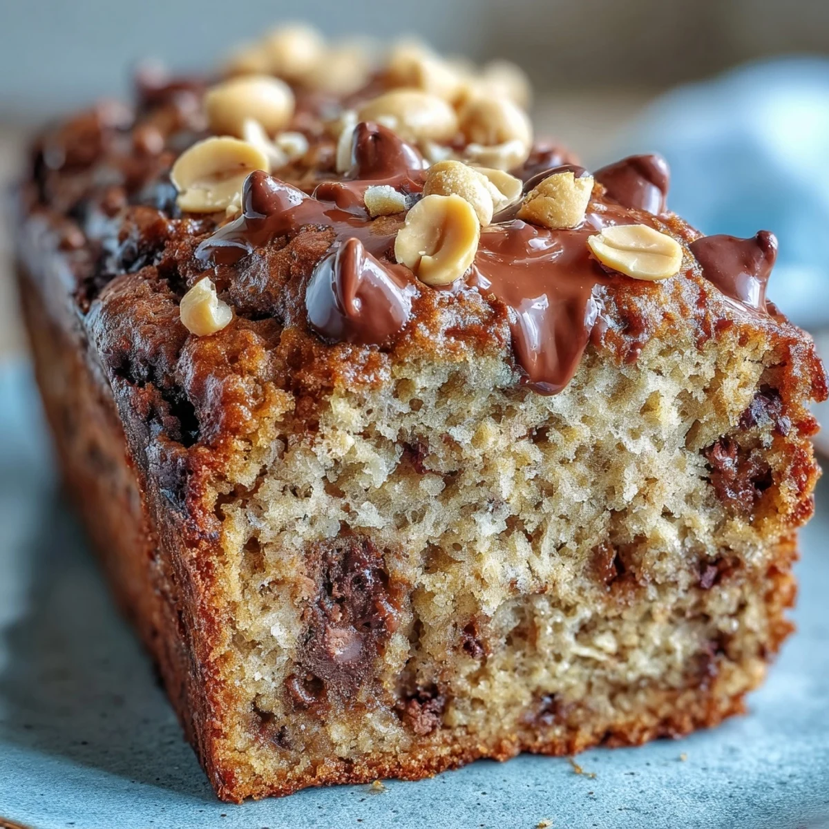 Moist Chocolate Chip Peanut Butter Oatmeal Banana Bread with melty chips.