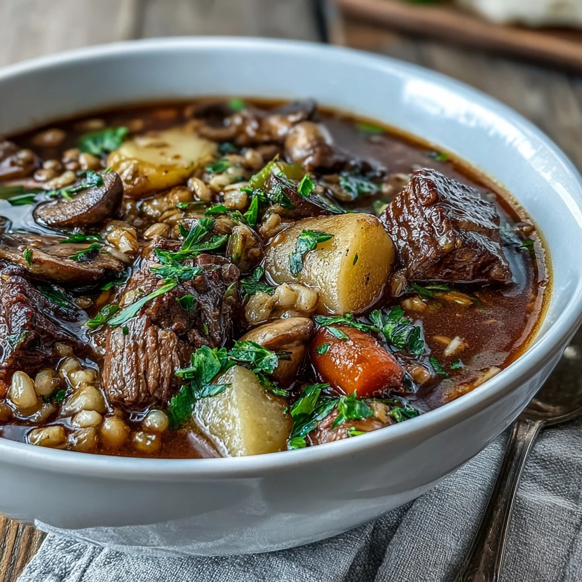 Warm ladleful of Beef and Barley Soup showcases hearty potatoes, peas, and carrots in a thick, comforting broth perfect for chilly nights.