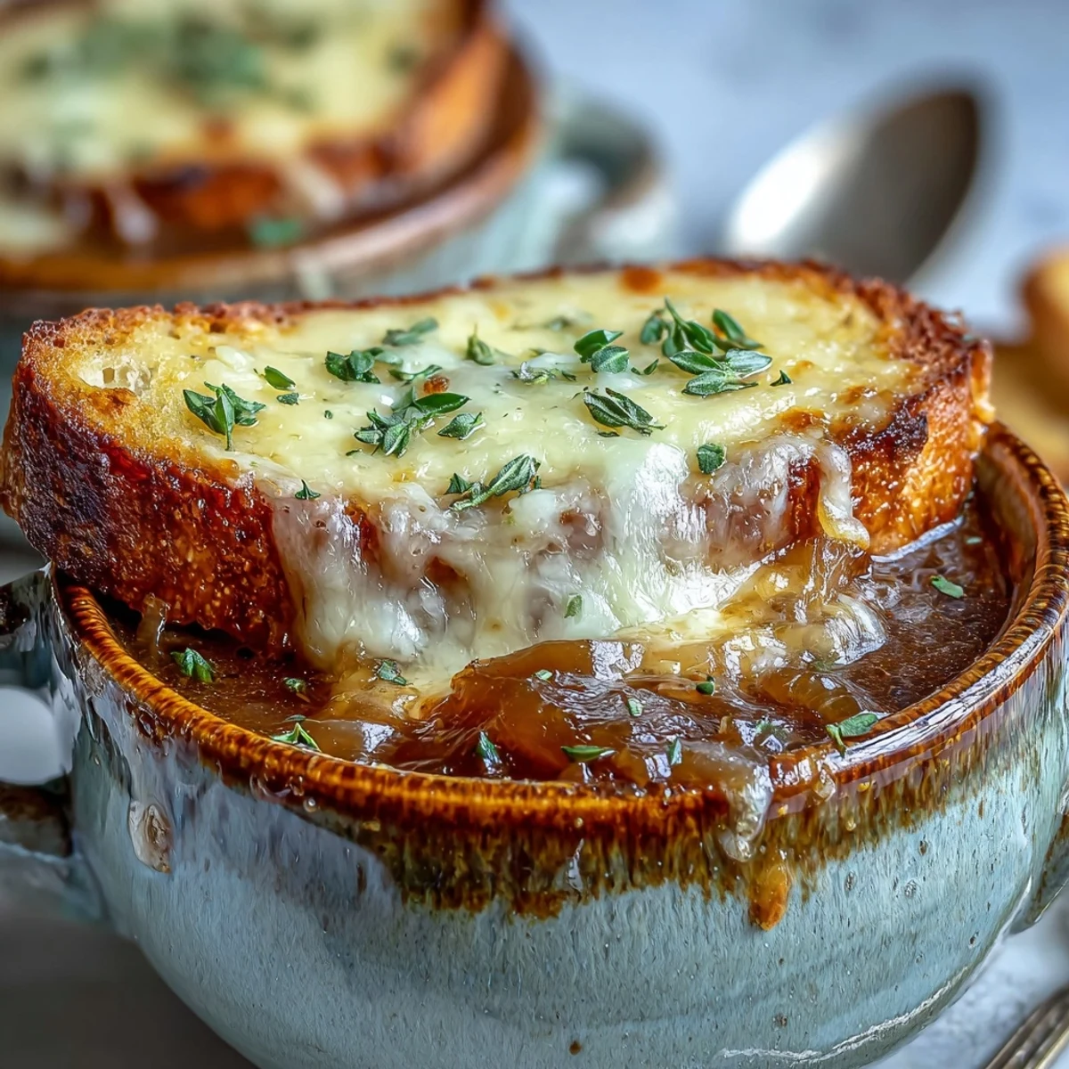 Golden, bubbly Gruyère melts over toasted baguette in a bowl of rich Classic French Onion Soup.