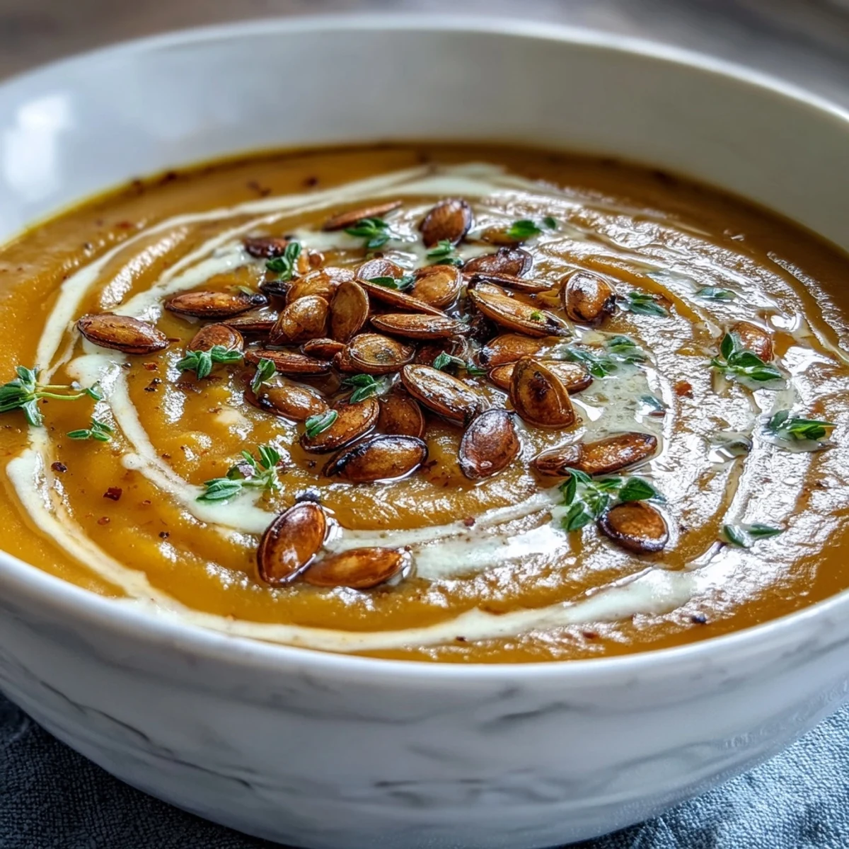 A warm bowl of Roasted Butternut Squash Soup garnished with pumpkin seeds and thyme.
