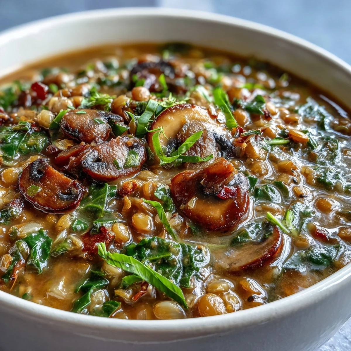 A close-up of savory Double Lentil and Mushroom Barley Soup served in a cozy bowl, garnished with chopped parsley.
