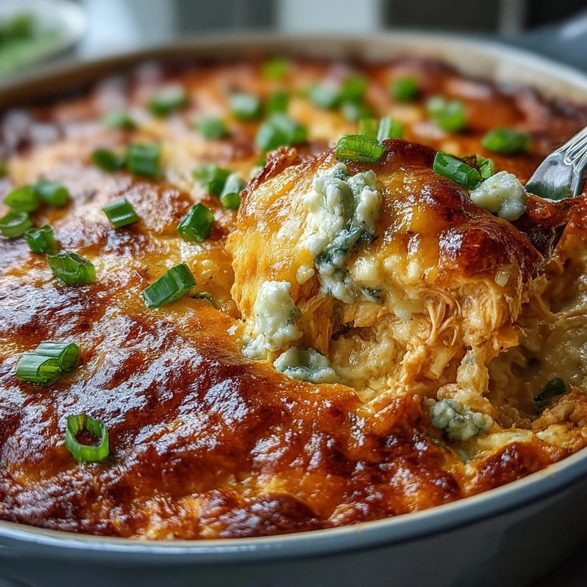 Golden baked Buffalo Chicken Dip fresh from the oven, bubbling with melted cheddar and blue cheese.